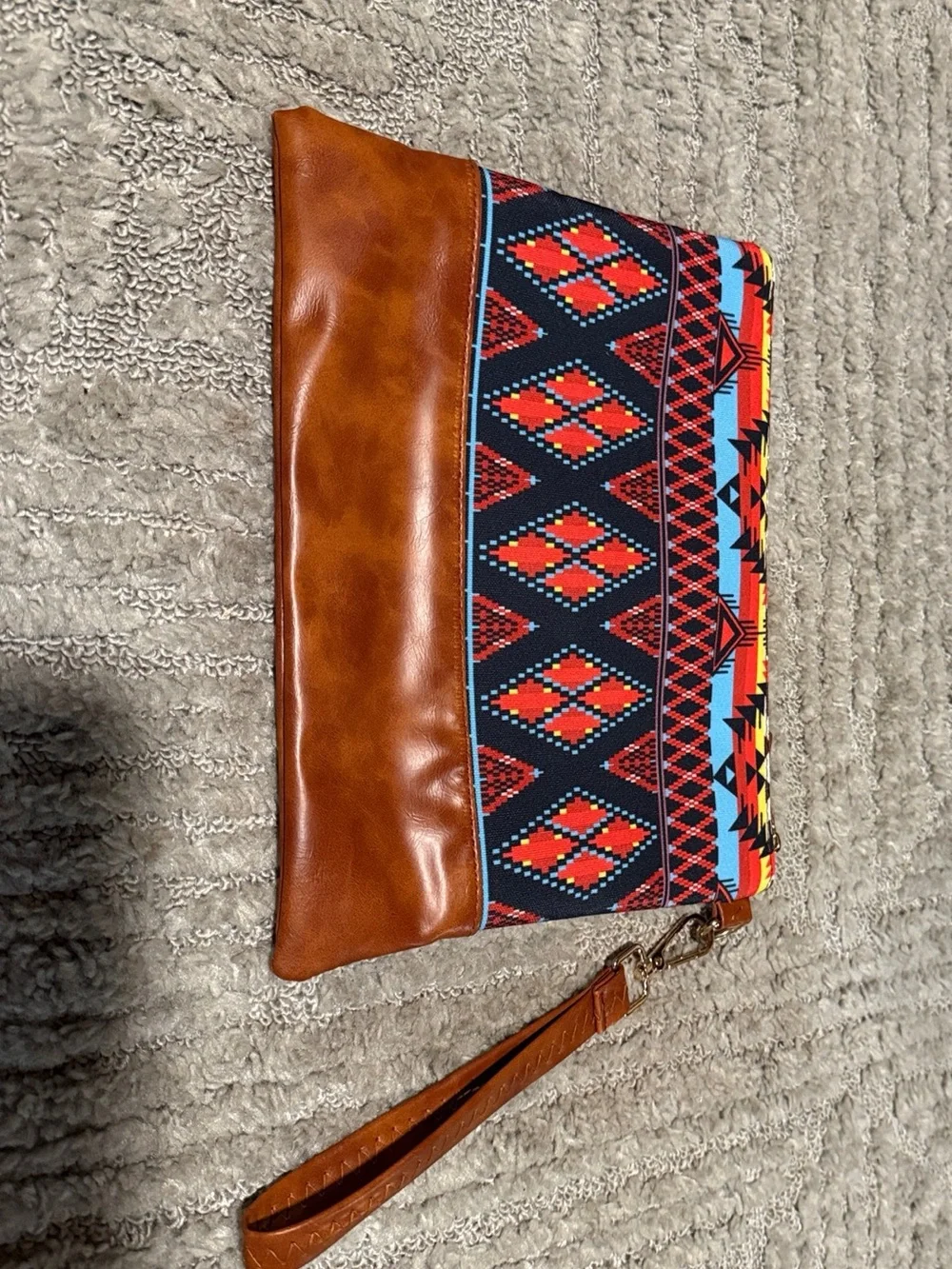 Brown Leather & Red Aztec Pattern Wristlet Clutch